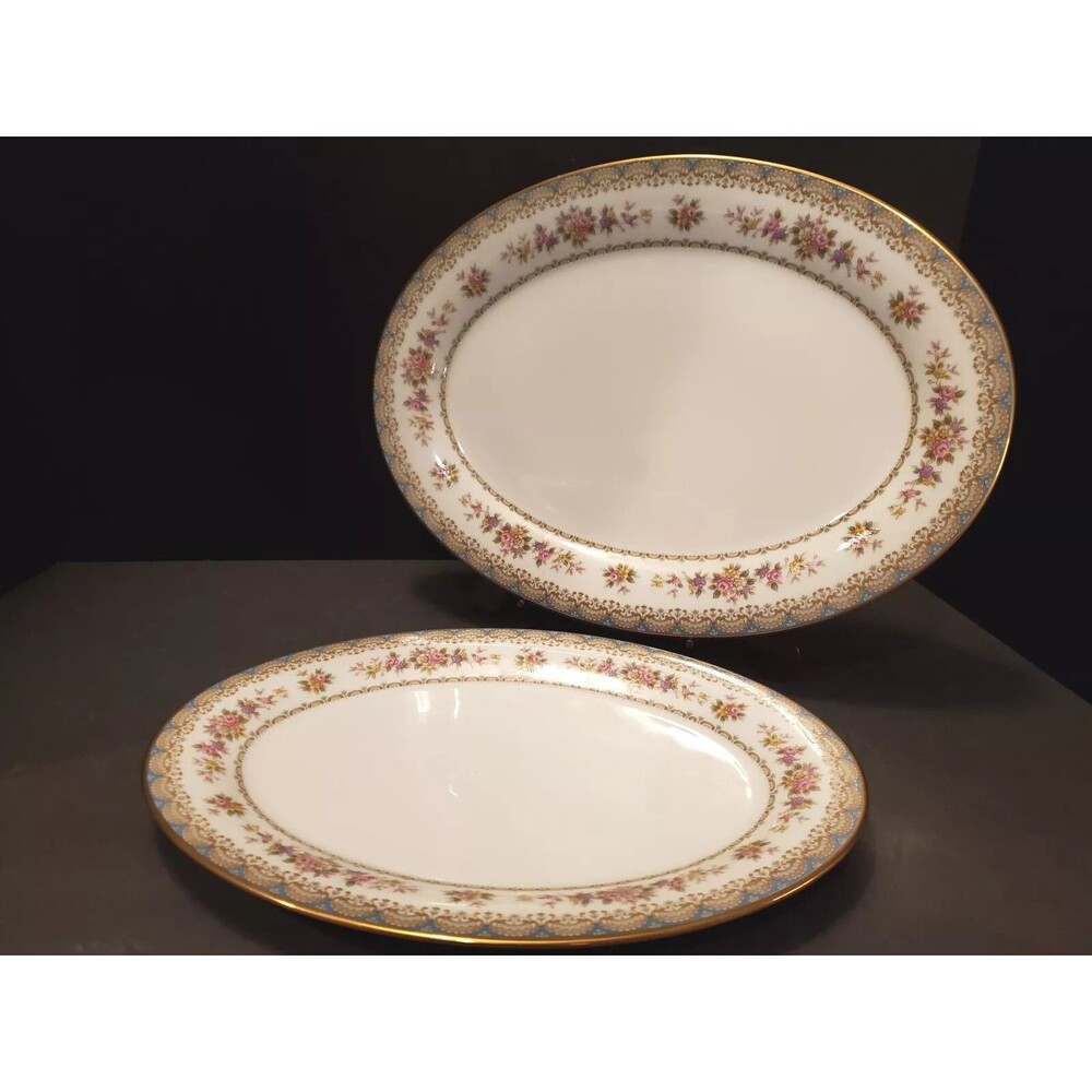 Noritake Oval Platters Pattern 2651 Rosette Set Of 2 Floral Blue Gold 12" & 14"